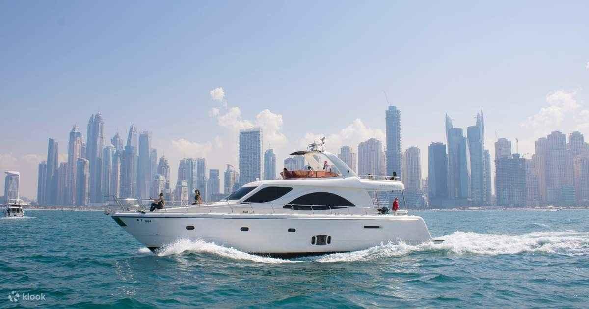 Luxury yacht in Dubai Marina, a cultural highlight suggested by a smart UAE tour planner.